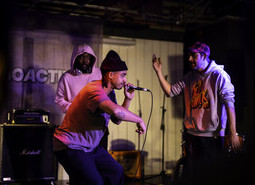 Jordan Stephens performs in Worthing while reuniting with CEO of Audio Active, Adam Joolia