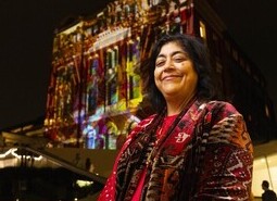 Gurinder Chadha attends the unveiling of a specially commissioned AI artwork from Ouchhh Studio, made using cognitive technology to visualise brainwaves of the Arts & Film ‘Game Changers’ and projected across the façade of the V&A’s Exhibition Road Courtyard building in London, as part of The National Lottery’s 30th birthday celebrations.