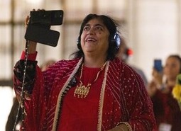 Gurinder Chadha attends the unveiling of a specially commissioned AI artwork from Ouchhh Studio, made using cognitive technology to visualise brainwaves of the Arts & Film ‘Game Changers’ and projected across the façade of the V&A’s Exhibition Road Courtyard building in London, as part of The National Lottery’s 30th birthday celebrations.