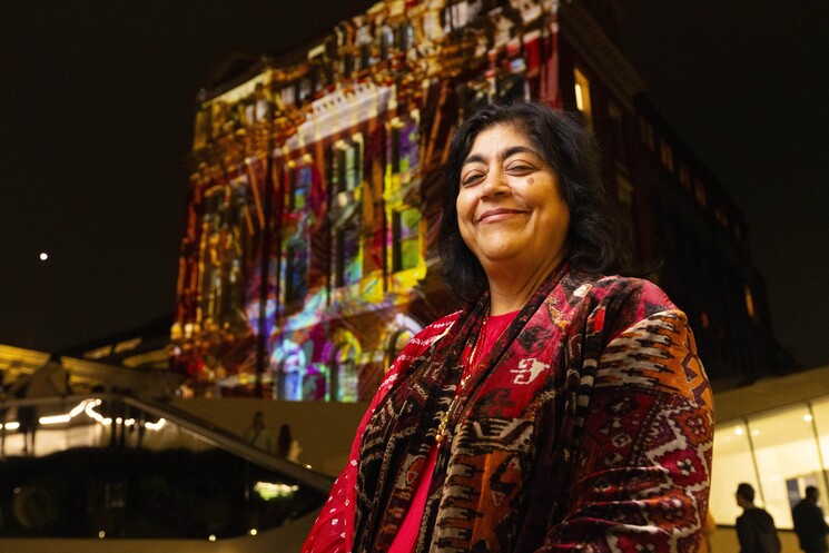 Gurinder Chadha attends the unveiling of a specially commissioned AI artwork from Ouchhh Studio, made using cognitive technology to visualise brainwaves of the Arts & Film ‘Game Changers’ and projected across the façade of the V&A’s Exhibition Road Courtyard building in London, as part of The National Lottery’s 30th birthday celebrations.