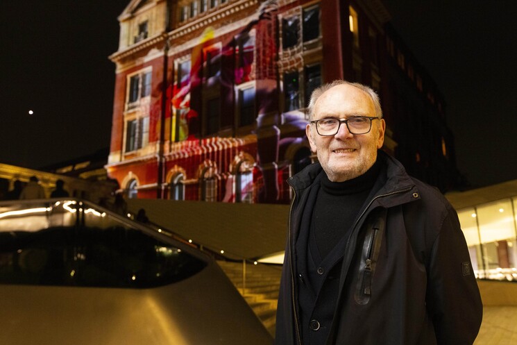 Sir Peter Murray attends the unveiling of a specially commissioned AI artwork from Ouchhh Studio, made using cognitive technology to visualise brainwaves of the Arts & Film ‘Game Changers’ and projected across the façade of the V&A’s Exhibition Road Courtyard building in London, as part of The National Lottery’s 30th birthday celebrations.