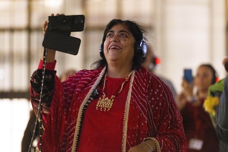 Gurinder Chadha attends the unveiling of a specially commissioned AI artwork from Ouchhh Studio, made using cognitive technology to visualise brainwaves of the Arts & Film ‘Game Changers’ and projected across the façade of the V&A’s Exhibition Road Courtyard building in London, as part of The National Lottery’s 30th birthday celebrations.