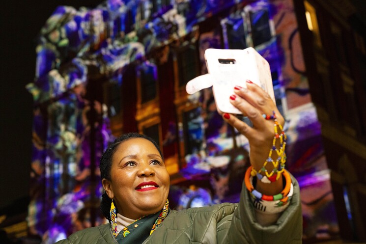 Nandi Jola attends the unveiling of a specially commissioned AI artwork from Ouchhh Studio, made using cognitive technology to visualise brainwaves of the Arts & Film ‘Game Changers’ and projected across the façade of the V&A’s Exhibition Road Courtyard building in London, as part of The National Lottery’s 30th birthday celebrations.