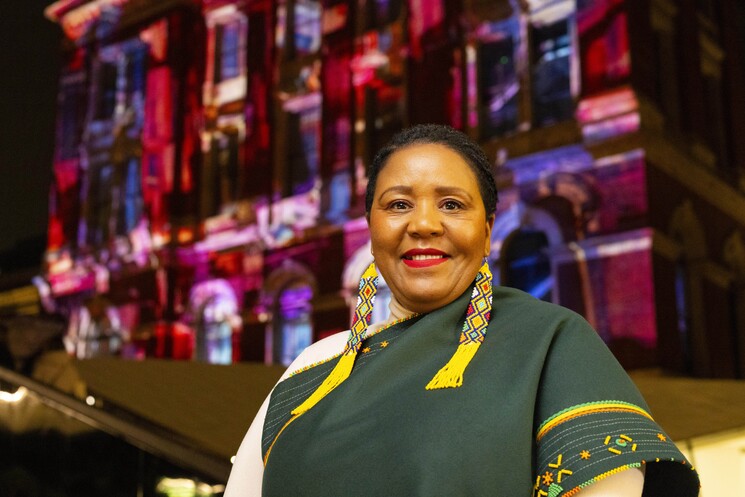 Nandi Jola attends the unveiling of a specially commissioned AI artwork from Ouchhh Studio, made using cognitive technology to visualise brainwaves of the Arts & Film ‘Game Changers’ and projected across the façade of the V&A’s Exhibition Road Courtyard building in London, as part of The National Lottery’s 30th birthday celebrations.