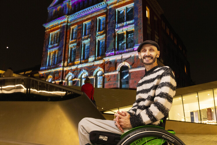 Mark Brew attends the unveiling of a specially commissioned AI artwork from Ouchhh Studio, made using cognitive technology to visualise brainwaves of the Arts & Film ‘Game Changers’ and projected across the façade of the V&A’s Exhibition Road Courtyard building in London, as part of The National Lottery’s 30th birthday celebrations.