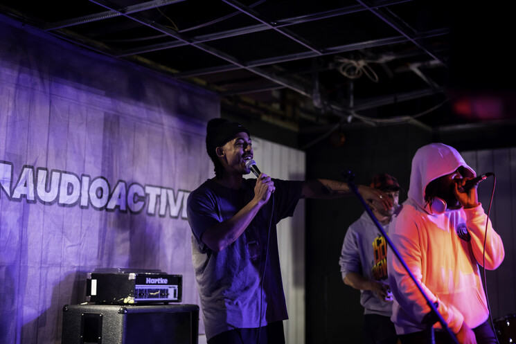 Jordan Stephens performs in Worthing while reuniting with CEO of Audio Active, Adam Joolia